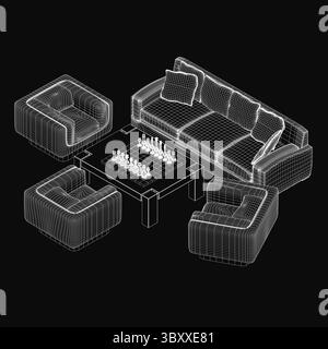 Un salon confortable dispose d'un modèle 3D avec un canapé en peluche, deux fauteuils et un échiquier avec des pièces. L'arrière-plan sombre améliore le chaud, inv Illustration de Vecteur