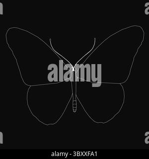 Illustration papillon en noir et blanc, délimitée en blanc éclatant sur fond sombre pour un contraste saisissant. Les ailes délicates présentent intrica Illustration de Vecteur