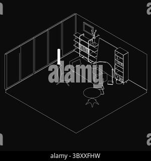 Un dessin en noir et blanc d'un salon confortable avec un bureau, une chaise, une table et un placard disposés soigneusement dans l'espace. L'arrière-plan sombre crée Illustration de Vecteur