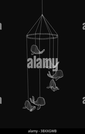 Dessin en noir et blanc d'une baleine mobile suspendue à une ficelle, représentant plusieurs baleines de différentes tailles et de couleurs vives disposées dans un cercle Illustration de Vecteur