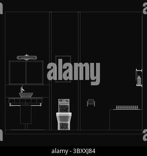 Dessin au trait noir et blanc d'un intérieur de salle de bain avec un lavabo avec un robinet, un miroir, un siège de toilette et des accessoires essentiels. Le minimaliste Illustration de Vecteur
