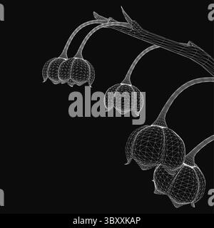 Le modèle 3D Lily of the Valley présente de délicats pétales blancs et des tiges vertes dans un style réaliste, mis en évidence sur un fond noir élégant. Le vib Illustration de Vecteur