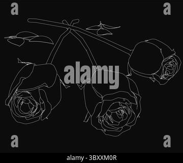Trois roses élégantes dessinées dans un style épuré, avec des pétales et des feuilles détaillées sur un fond noir Uni. Le contraste monochrome est mis en surbrillance Illustration de Vecteur