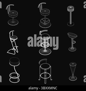 Un ensemble de tabourets de bar blancs disposés en ligne, chacun avec un design unique, se démarquant sur un fond noir élégant. La composition minimaliste hig Illustration de Vecteur