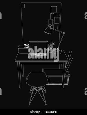 Un ordinateur portable élégant se trouve sur un bureau en bois avec une lampe, une tasse de stylos et un appareil photo à proximité, tandis qu'une chaise fait face à l'espace de travail. Une carte est suspendue en arrière-plan, Illustration de Vecteur