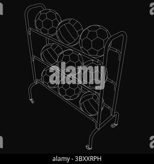 Un modèle 3D d'un support de ballon de football avec plusieurs balles disposées dans des contours précis sur un fond noir. Le design épuré et ordonné met en valeur le Illustration de Vecteur