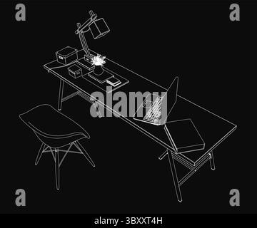 Un ordinateur portable se trouve sur un bureau en bois sombre à côté d'un livre ouvert, d'une lampe lumineuse et d'un petit vase à fleurs, créant un espace de travail mystérieux. Une chaise attend à proximité Illustration de Vecteur