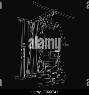 Un dessin en noir et blanc d'une machine de gymnastique à domicile sur un fond sombre, avec divers poids et équipements soulignés en blanc. L'illustration détaillée Illustration de Vecteur