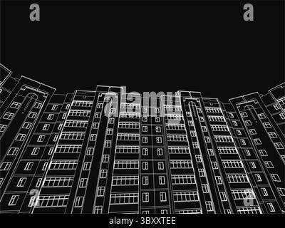 Un grand bâtiment résidentiel avec de nombreuses fenêtres se dresse en évidence dans un dessin noir et blanc, sur un fond sombre. Le style monochrome Illustration de Vecteur