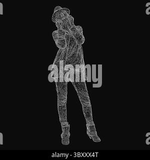 Une femme filaire dans un costume et un chapeau se tient sur un fond noir, composé de lignes complexes et de formes géométriques. Le modèle humain 3D détaillé f Illustration de Vecteur