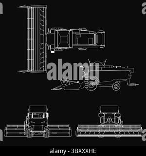 Plan détaillé d'une moissonneuse-batteuse sur fond noir, avec vues avant, arrière et latérales. Les composants clairement visibles incluent les phares, Illustration de Vecteur