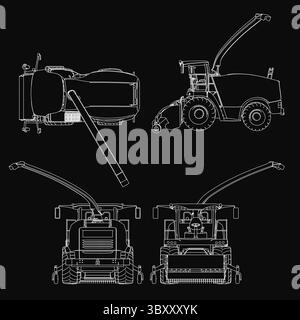 Plan détaillé d'une moissonneuse-batteuse sur fond noir, représentant un tracteur, une moissonneuse-batteuse et une balle de foin avec phares, calandre et roue visibles Illustration de Vecteur