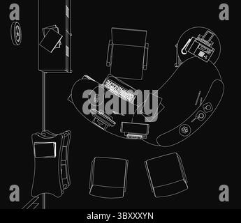 Un dessin au trait noir et blanc d'un espace de travail moderne avec un ordinateur, un clavier et une souris sur un bureau élégant. Le fond sombre met en évidence le cle Illustration de Vecteur