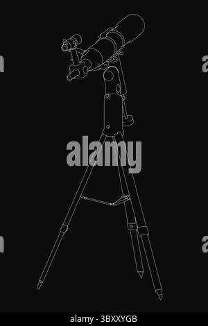 Dessin de contour noir et blanc d'un télescope monté sur un trépied robuste, placé sur un fond sombre pour le contraste. La mise en surbrillance détaillée du dessin au trait Illustration de Vecteur