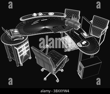 Modèle de bureau 3D moderne avec deux chaises élégantes et une configuration informatique, avec un moniteur, un clavier et une souris sur un fond sombre. L'espace de travail s'affiche Illustration de Vecteur