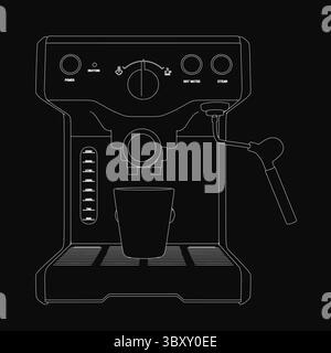 Croquis noir et blanc d'une machine à café avec une tasse vapeur placée à l'avant, avec des dessins au trait nets et un fond sombre pour le contraste. La valeur min Illustration de Vecteur