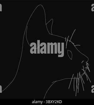 Dessin noir et blanc de la tête d'un chat assis avec des moustaches détaillées, des yeux expressifs et un nez défini, le tout entouré de blanc sur un da Illustration de Vecteur