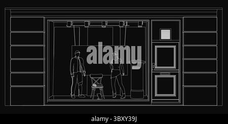 Une vitrine de magasin de vêtements avec deux mannequins, illustrés en dessin au trait blanc sur fond noir. Le dessin vectoriel minimaliste comporte un cha Illustration de Vecteur