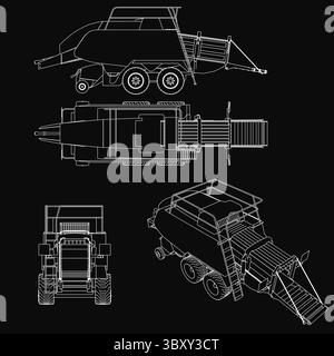 Un plan détaillé d'une moissonneuse-batteuse sur fond noir présente plusieurs modèles de véhicules, dont un tracteur, un camion et une remorque. Effacer ou Illustration de Vecteur