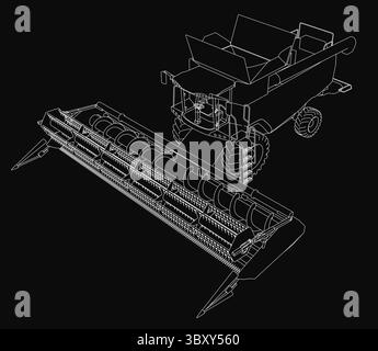 Modèle 3D détaillé d'une moissonneuse-batteuse sur fond noir, présentant des lignes de plan complexes et des courbes réalistes. La conception met en valeur mec Illustration de Vecteur
