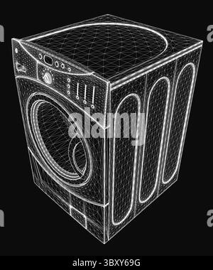 Modèle filaire 3D d'une machine à laver sur un fond noir élégant, présentant des détails réalistes et un design moderne. La structure maillée transparente hi Illustration de Vecteur