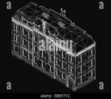 Un modèle filaire 3D d'une maison sur fond noir met en valeur la structure architecturale avec des lignes épurées et une précision géométrique. Le transparent Illustration de Vecteur