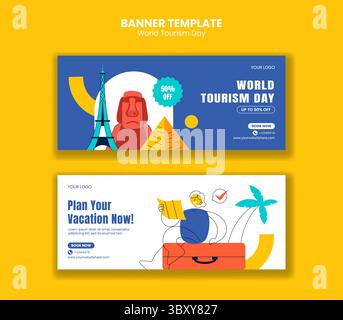Conception de modèle de bannière horizontale pour la Journée mondiale du tourisme dans un fond de style plat dessiné à la main Illustration de Vecteur