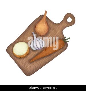 Une illustration aquarelle de légumes frais sur une planche à découper en bois sur un fond blanc, représentant une carotte, un oignon entier, un oignon coupé en deux, Banque D'Images