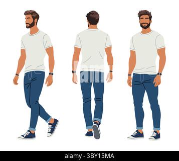 Homme barbu élégant en tshirt blanc, jeans Illustration de Vecteur