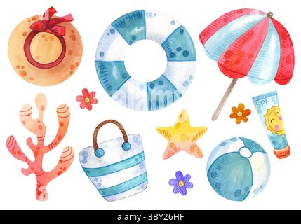 Ensemble d'illustrations de plage aquarelle. Objets d'été dessinés à la main : maillot de bain, appareil photo, parasol, lunettes de soleil, chapeau. Illustration sur fond blanc. Banque D'Images