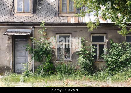 Vieux mur de maison abandonné. Façade altérée avec fenêtres cassées et porte en bois. Une végétation envahie entoure le bâtiment. Scène de décomposition urbaine rustique. Banque D'Images
