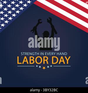 Affiche de la fête du travail avec drapeau en diagonale et main de travail silhouette Illustration de Vecteur