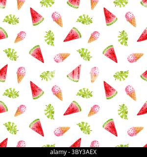 Motif aquarelle sans couture avec des éléments de pastèque dessinés à la main créant des vibrations estivales. Illustration de fruits sur fond blanc pour textile, impression et d. Banque D'Images