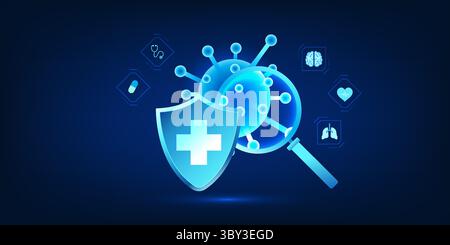 Technologie médicale, loupes pour la visualisation des virus, montrant le développement de vaccins contre les virus de la maladie, pour la prévention de Illustration de Vecteur