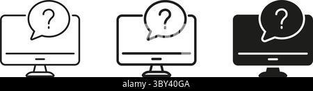 Ordinateur avec icône point d'interrogation définie. Support technique, aide informatique, aperçu de l'assistance en ligne et collection de symboles Silhouette. Service clientèle et Illustration de Vecteur