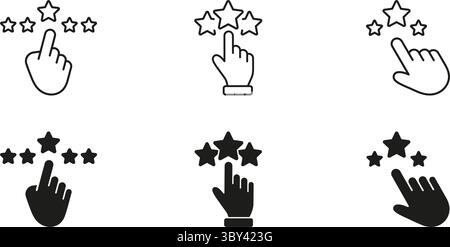 Pointant la main sur le jeu d'icônes d'évaluation Stars. Commentaires de l'utilisateur et revue du contour de l'évaluation et de la collection de symboles Silhouette. Satisfaction client et Illustration de Vecteur