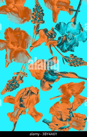 Arrangement floral stylisé avec des teintes orange et sarcelle sur un fond bleu vif, avec des effets artistiques améliorés numériquement Banque D'Images