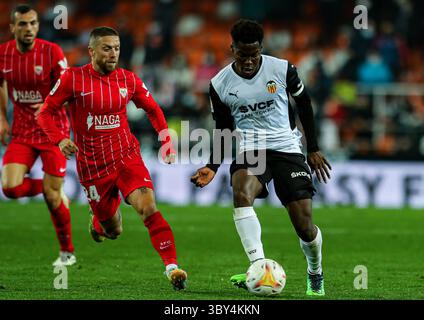 19 janvier 2022, VALENCE, VALENCE, ESPAGNE : lors du match de Santander League entre Valencia CF et Sevilla FC au stade Mestalla le 19 janvier 2022, à Valence, Espagne. (Crédit image : © Ivan Terron/AFP7 via ZUMA Press Wire) Banque D'Images