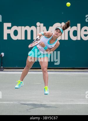 10 avril 2015 - Charleston, SC, États-Unis - Charleston, SC - 10 avril 2015 : Lauren Davis (USA) sert [7] Madison Keys (USA) lors de leur match de quart de finale pour la Family Circle Cup au Family Circle Tennis Center à Charleston, SC...Madison Keys bat Lauren Davis 6-2, 6-2 (Credit image : © Walter G. Arce Sr./ZUMA Press Wire) Banque D'Images
