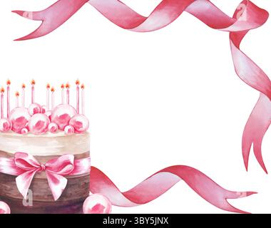 Un cadre rose vif avec un gâteau d'anniversaire, des bougies et des rubans peints à la main. Illustration aquarelle sur un fond blanc. Un modèle horizontal avec Banque D'Images