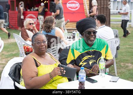 Windsor, Berkshire, Royaume-Uni. 14 juillet 2025. Les amateurs de courses profitent de leur soirée à la soirée Rum and Reggae du lundi soir au Royal Windsor Racecourse à Windsor, Berkshire. Crédit : Maureen McLean/Alamy Banque D'Images