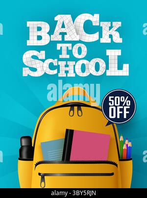Texte de bannière de vente de retour à l'école avec sac à dos jaune. Illustration vectorielle Illustration de Vecteur