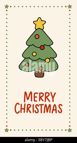 Carte de voeux d'arbre de Noël vecteur mignon avec texte dessiné à la main, ornements et bordure festive. Parfait pour le décor de vacances, les cartes postales, ou de saison Illustration de Vecteur