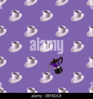 Tasses à café avec soucoupes et une cafetière sur un fond très péri, motif sans couture Banque D'Images