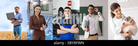 Personnes de professions différentes. Collage avec portraits sur les lieux de travail Banque D'Images