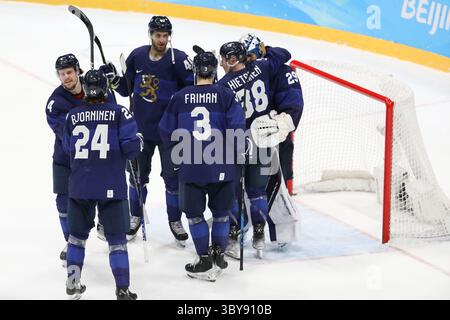 16 février 2022, Pékin, Hebei, Chine : équipe Finlande gagne 5 :1 contre équipe Suisse en quarts de finale des éliminatoires masculins de hockey sur glace le 16 février à Pékin, Chine (crédit image : © Mickael Chavet/ZUMA Press Wire) Banque D'Images