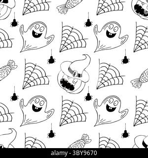 Motif monochrome d'Halloween dans le style de dessin à la main. Papier peint pour votre créativité. Web. Imprimer pour le design, textile, papier peint Illustration de Vecteur