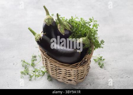 Nourriture, panier en osier avec aubergines mûres et herbes sur un fond texturé gris Banque D'Images