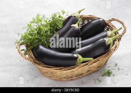Nourriture, panier en osier avec aubergines mûres et herbes sur un fond texturé gris Banque D'Images