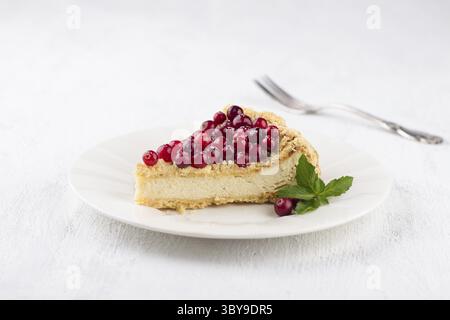 Nourriture, Un morceau de cheesecake royal caillé sur une assiette blanche décorée de canneberges, de menthe et saupoudrée de sucre en poudre sur un fond gris clair Banque D'Images